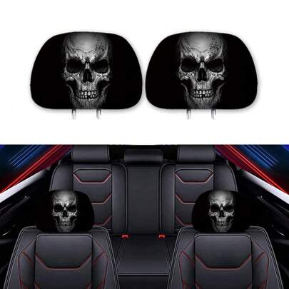 1pc Car Headrest Neck Pillow Cover With Grey Skull Pattern On Black Background, Suitable For SUVs, Trucks, Sedans And Most Cars
