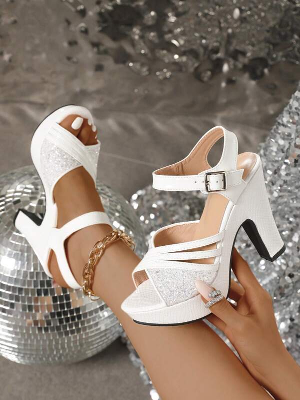 Fashion Show Women's Summer 2024 New Style Silver Cross Strappy Sandals With Chunky Heels, Waterproof Platform And Peep Toe Valentines