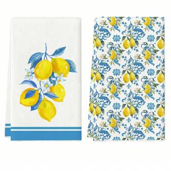 2pcs Fresh Lemon Printed Soft Absorbent Quick Drying Cloths, For Kitchen, Dining Table, Home Decor,Kitchen,Bathroom,Home,Household Supplies