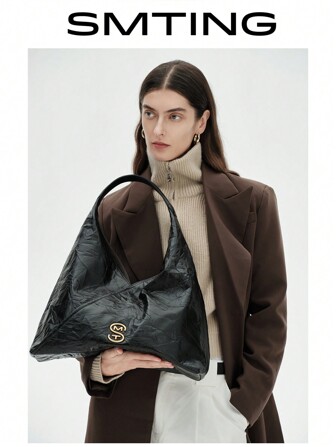 SMTING Casual Oversized Tote Bag, Wrinkled Style Large Capacity Handbag, Work Commute Shoulder Bag For Women