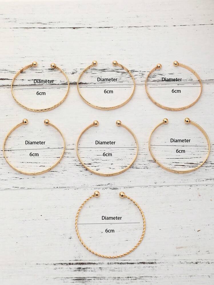 7pcs/Set European & American Style Bracelet Set, Hammered, Arrow, Floral, Exaggerated Hexagram Design, Twist-Open Bangle, Jewelry Gift - Yellow Gold - View 6