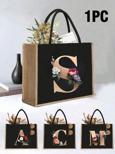 26 Letter Print Tote Bag, Multifunctional Portable Printed Tote Bag, Large Capacity Lightweight Tote Bag, Linen Floral Letter Print Tote Bag, Gift For Women, Graduation Gift, Retro Linen Tote Bag, Patterned Print Tote Bag, Personalized Gift Bag, Beach Tote Bag, Outdoor Camping Bag, Suitable For Wedding, Birthday, Beach, Vacation And Other Occasions, Holiday