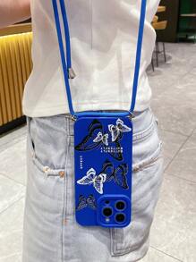 1pc Butterfly Pattern Phone Case With Diagonal Jute Rope Lanyard, Compatible With IPhone - Blue - View 1