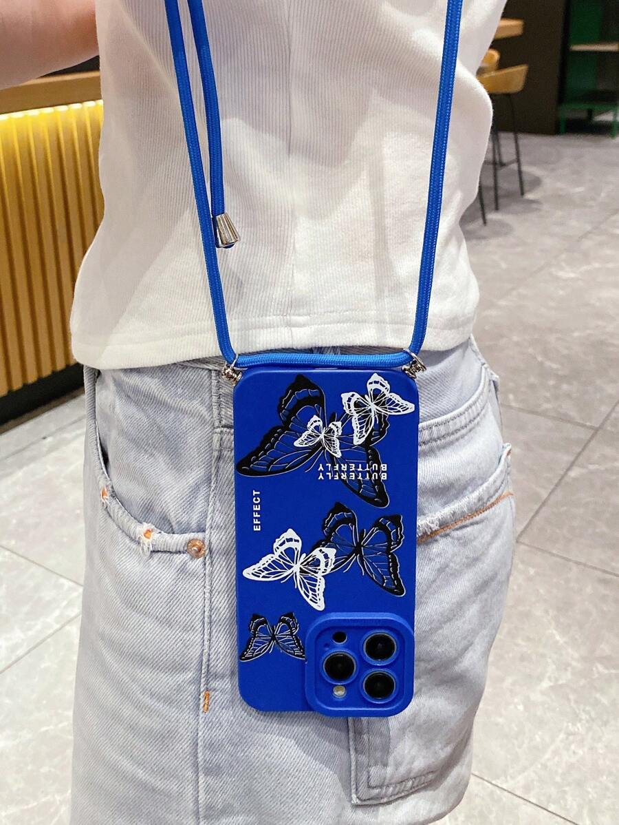 1pc Butterfly Pattern Phone Case With Diagonal Jute Rope Lanyard, Compatible With IPhone - Blue - View 1