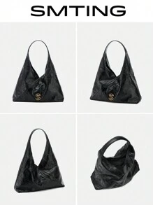 SMTING 休闲超大手提包，皱褶款式大容量手提包，女士上班通勤单肩包 - 黑色 - 查看 3
