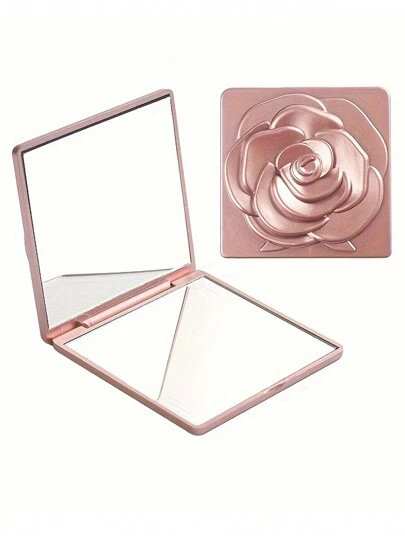 1/2pcs Rose Design Compact Makeup Mirror, Elegant Square Travel Cosmetic Mirror For Pocket, Wallet Or Handbag, Portable Folding Handheld Makeup Mirror Gift For Women And Girls