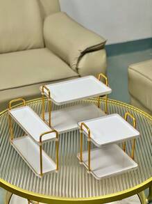 1 khay vuông hai lớp có tay cầm đôi dùng cho tiệc cưới, bàn ăn, tiệc tùng, bánh, khay đựng đồ ăn hiện đại dùng tại nhà, nhà bếp, quà tặng Giáng sinh - trắng - Xem 9