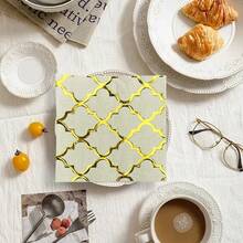 20入組13*13英寸金色網格圖案一次性餐巾，適用於家庭聚會、宴會裝飾、婚宴、餐廳裝飾用紙巾 - 米色 - 查看 4