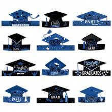 12piezas Gorros de papel Felicidades Graduado, gorros de papel para graduación para decoraciones de fiesta de graduación 2024, recuerdos de fiesta de graduación - Neblina azul - Ver 1