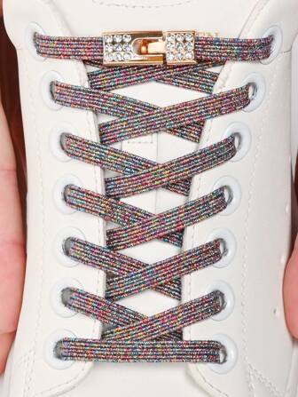 زوج واحد من أربطة الحذاء المرنة بدون ربطات عنق بإبزيم حجر الراين بتصميم لؤلؤي ملون، مناسب للأحذية الرياضية والأحذية الرياضية