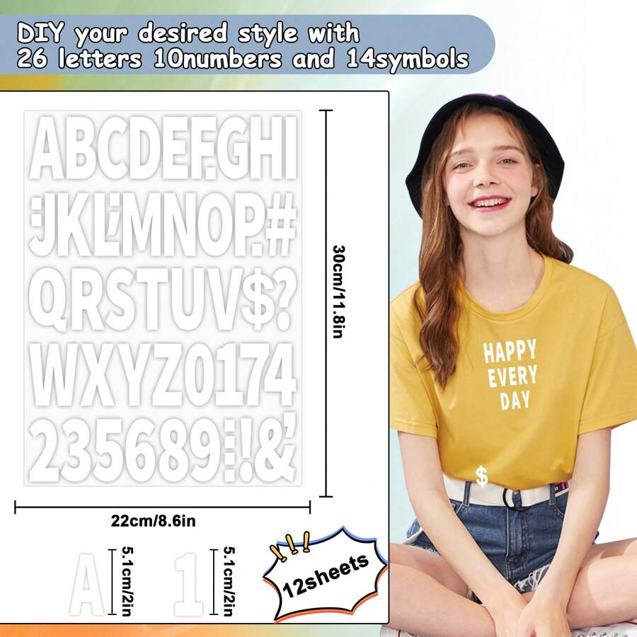 12 vellen 564 stuks kledingletter en nummer ijzeren stickers, 2 inch AZ PU warmteoverdracht