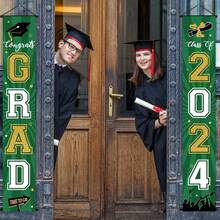 1套/2入組2024年畢業慶祝用旗幟，2024年畢業生恭喜你門廊標誌派對裝飾用品歡迎掛起式室內外（綠色） - 綠色 - 查看 2