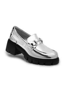 Women's Platform Loafers 2.17 Inch Chunky Heel Round Toe Slip-On Loafers, Casual Vintage Elegant Pumps Shoes - 銀色 - 查看 5