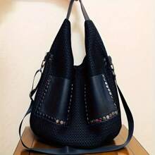 Vintage Mesh Tote Bag, Large Capacity Shoulder Bag, Punk Style Stud Hobo Bag, Oversize Women Purse - Black - View 7