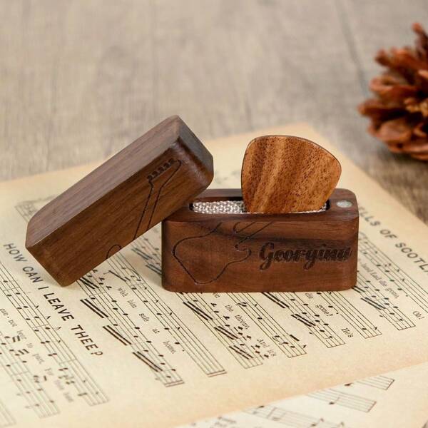 Custom Guitar Pick Holder With 1Pc Wooden Guitar Picks, Personalized Guitar Pick Case Box, Engraved Name/Text,Customized Gift For Guitarist Musician, Dad,Husband,Boyfriend,Son,Friends