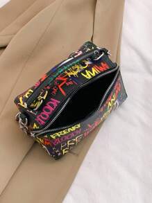 新潮流個性塗鴉大容量小方包，適用於春季，輕便休閒手提斜跨包，女士專用 - 黑色 - 查看 9