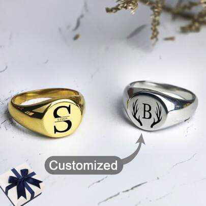 Personalised Round Engraved Signet Ring Custom Initial Ring Name Rings Anniversary Jewelry Gift For Him&Her
