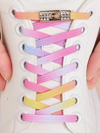 1 Paar Strass Schnalle Elastische Schnürsenkel Ohne Bindung, Perle Pink Und Regenbogen Farbe, Geeignet Für Turnschuhe Und Sportschuhe