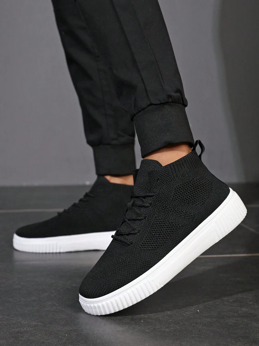 Men High-Top Athletic Shoes, Breathable Knitted Upper, Street Style, Suitable For All Seasons