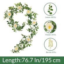 Sinsoledad 2入組6.5英尺/195厘米人工尤加利花環，配有假玫瑰花藤和有種子的尤加利葉綠色花環，適用於婚禮桌背景、派對中心和房間裝飾