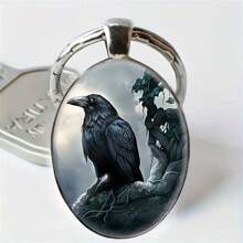 1入組/2入組時尚DIY珠寶渡鴉圖案橢圓玻璃吊墜鑰匙扣/鑰匙鏈，男女婚禮生日畢業假期派對家庭珠寶禮物 - 銀色 - 查看 1