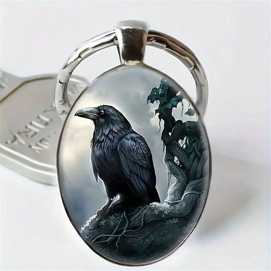 1入組/2入組時尚DIY珠寶渡鴉圖案橢圓玻璃吊墜鑰匙扣/鑰匙鏈，男女婚禮生日畢業假期派對家庭珠寶禮物 - 銀色 - 查看 1