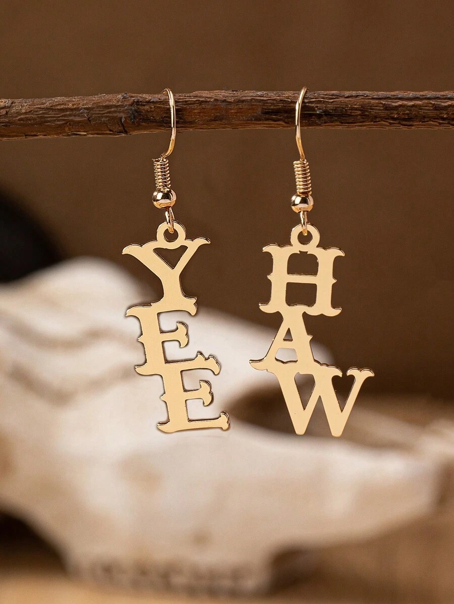 1對南部西部牛仔風格的YeeHaw字母金屬垂墜耳環，適用於女性