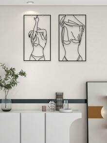 Decoração de Parede em Linhas de Arte Abstrata de Figura Humana em Metal, Forma do Corpo Feminino em Segundo Plano Para Decoração de Parede para Casa e Escritório - Preto - Visão 6