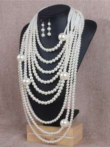 2pcs/Set Euorpean & American Heavy Industry Pearl Necklace Jewelry Set Including 1pc Necklace And 1pair Earrings, Multi-Layer Clothing Faux Pearl Tassel Necklace Set