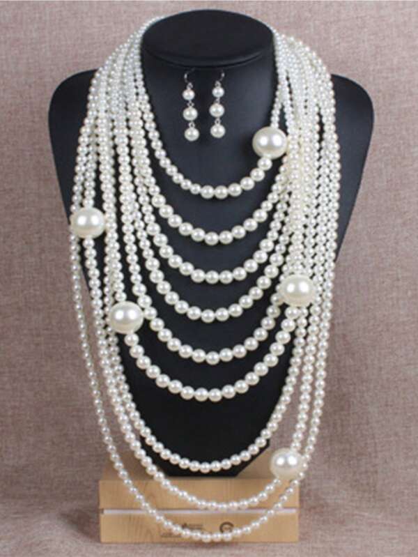 2 pièces/Lot Ensemble de bijoux de collier de perles de style européen et américain lourd, comprenant 1 pièce collier et 1 pièce paire de boucles d'oreilles. Ensemble de collier à plusieurs couches de perles artificielles à franges pour vêtements