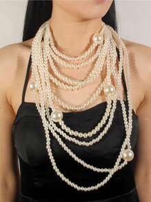 2pcs/Set Euorpean & American Heavy Industry Pearl Necklace Jewelry Set Including 1pc Necklace And 1pair Earrings, Multi-Layer Clothing Faux Pearl Tassel Necklace Set