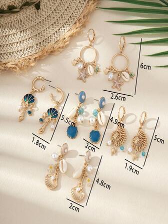 1 对海滩度假风格夏季珠宝贝壳和海星吊坠耳环，适合女性日常夏季海滩度假配饰