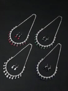 1套3入組豪華珠寶風格鋯石婚禮項鍊和耳環套裝，適用於新娘裝飾配件 - 豪華套裝 - 查看 4