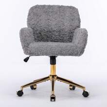 Modern Artificial Rabbit Hair Office Chair With Golden Metal Base - Adjustable Swivel Desk Chair For Living Room, Bedroom, Or Home Office - Xám - Xem 2