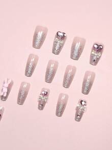 Sanrio 24入組長型淺粉色兔子、極光、蝴蝶結、愛心閃爍水晶Y2K芭蕾指甲套裝+1入組果凍軟糖+1入組指甲銼，壓貼式指甲，網美必備指甲小物