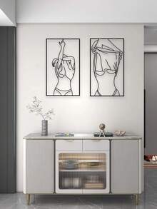 Decoração de Parede em Linhas de Arte Abstrata de Figura Humana em Metal, Forma do Corpo Feminino em Segundo Plano Para Decoração de Parede para Casa e Escritório - Preto - Visão 5
