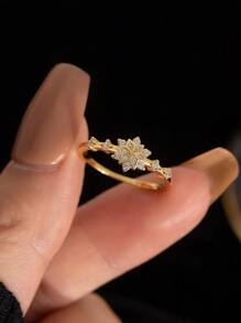 Flyleaf 1Pc 925 Bạc Phong Cách Sang Trọng Mạ Vàng 18K Nhân Tạo Đính Đá Cubic Zirconia Hình Bông Tuyết Mở Nhẫn Cho Nữ, Trang Sức Cao Cấp Cho Tiệc & Tiệc - Vàng - Xem 3