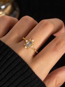 1 件 925 纯银轻奢 18k 镀金方形贝壳形人造珍珠和合成蓝色 5A 戒指，适合女士派对和宴会，精美珠宝 - 金色 - 查看 2