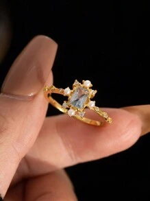 1 件 925 纯银轻奢 18k 镀金方形贝壳形人造珍珠和合成蓝色 5A 戒指，适合女士派对和宴会，精美珠宝 - 金色 - 查看 3