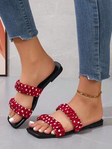 Sandalias planas de moda para mujer con patrón de lunares rojos y doble correa - Rojo - Ver 4