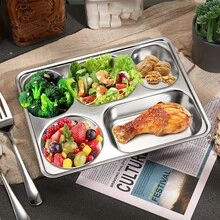 1pc Stainless Steel Fast Food Plate Children's Plate Baby Kindergarten Divided Plate Four Grid Plate Five Grid Lunch Box - Silver - View 5
