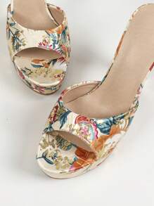 Sandalias de tacón grueso y plataforma impermeable con estampado floral de albaricoque para mujer, para uso tanto en interiores como en exteriores