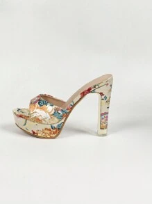 Sandalias de tacón grueso y plataforma impermeable con estampado floral de albaricoque para mujer, para uso tanto en interiores como en exteriores