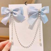 1 pieza de clip de pelo de cadena de perlas de moda con diamantes de imitación y moño para niñas - C - Ver 11