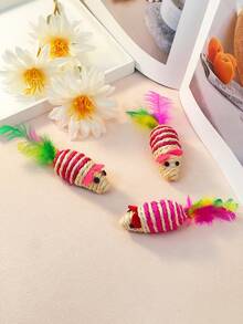 1pc Colorful Feathers  Rope Rat & Cat Toy, Striped Mouse Scratching Interactive Toy For Pets Only - Red - View 3