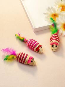 1pc Colorful Feathers  Rope Rat & Cat Toy, Striped Mouse Scratching Interactive Toy For Pets Only - Red - View 6