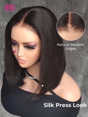 ISEE HAIR Wear Go 6x4 HD Lace Glueless Type 4C Hairline Kinky Straight Bob Wigs Natural Color 180% 10-14 Inch Lace Closure Wigs Pre-Plucked & Pre-Cut With Edges Daily Use For Women