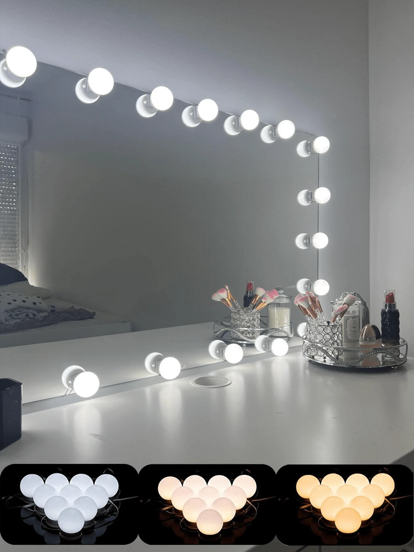 USB 3-Color LED Makeup Light, Adjustable Brightness & Color Temperature, Can Be Installed On Vanity Mirror, Available In 4/6/8/10/12/14 LED Bulb Sizes