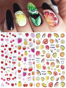 Calcomanías de uñas 5D de frutas de verano 3 piezas de efecto de gel de pudín en relieve con dibujos animados de uvas, limones, cerezas, fresas y piñas, deslizadores de manicura DIY lindos para decoración de arte de uñas talladas - Multicolor - Ver 2