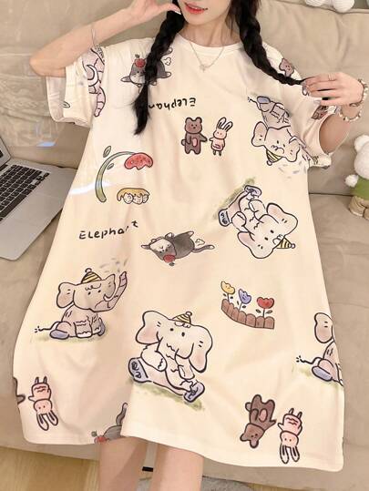 Cartoon Letter Animal Print Loose Nightgown, Pyjama